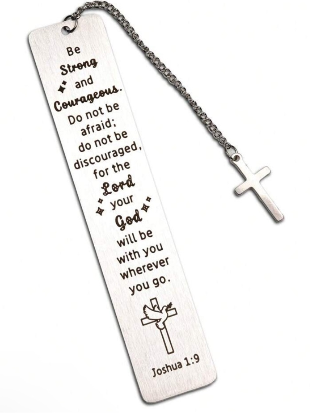 Stainless Bookmark with Cross Charm - Joshua 1:9